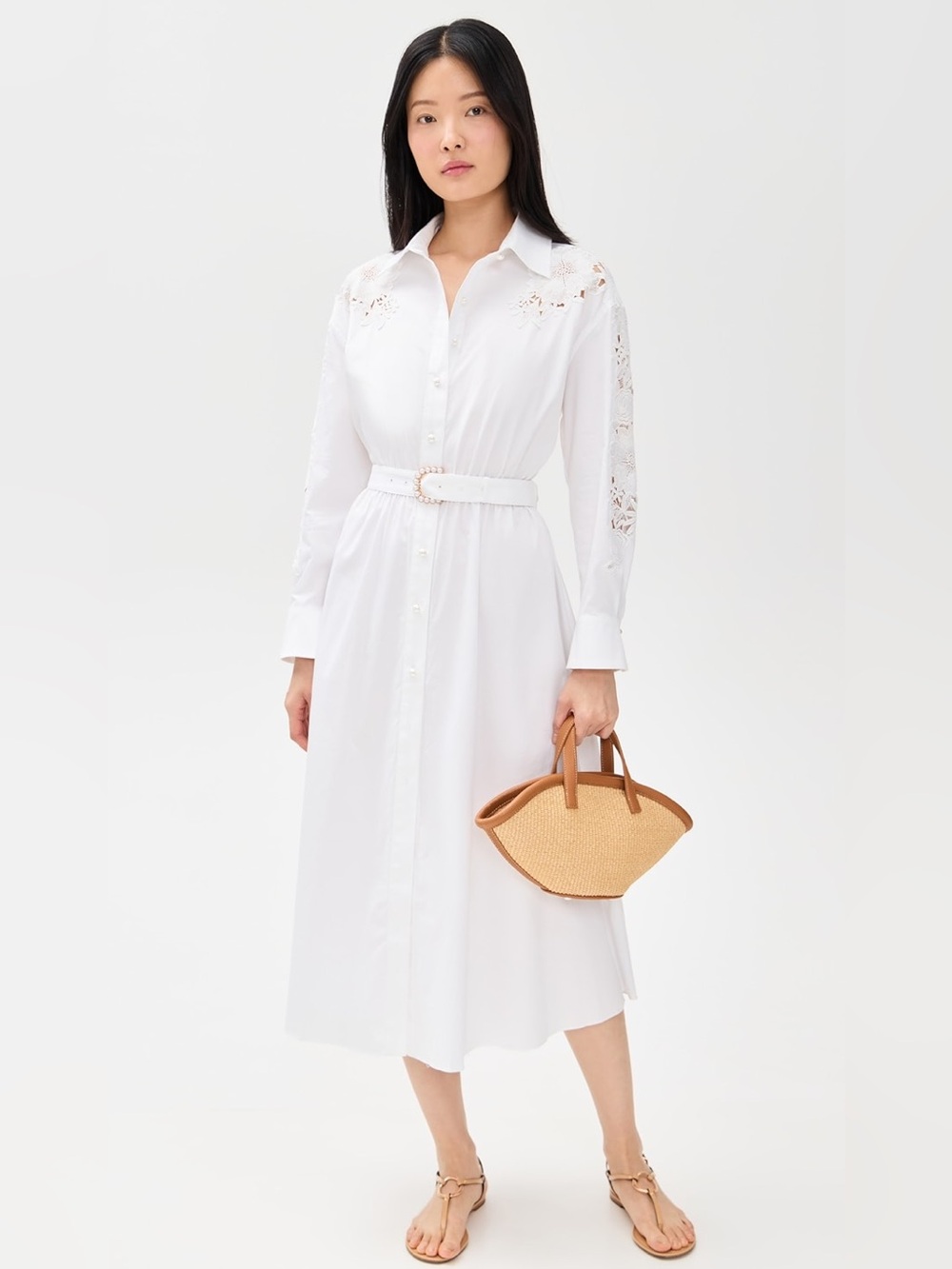 Generation Love White Floral Lace Appliqué Belted Maxi Shirt Dress NWT Small